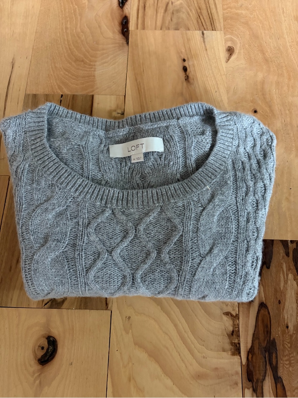 LOFT Light Gray Cable Knit Crewneck Sweater